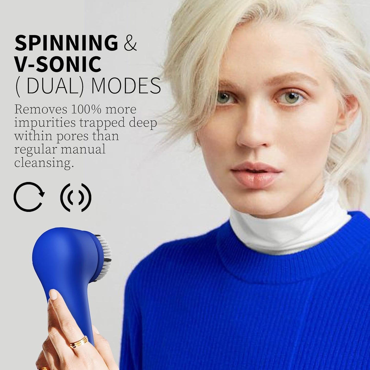 Premium Face Scrubber, Deep Pore Cleansing Brush, Waterproof & Rechargeable Face Scrub Brush for Men& Women, Electric Facial Exfoliator with 3 Brushes, 3 Intensities, 2 Modes with Eye Rollor - Azure