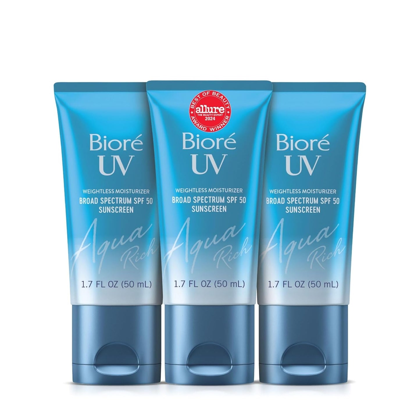 Biore UV Aqua Rich Daily Hydrating Facial Moisturizer with SPF 50 | Oil Free Sunscreen & Primer for Makeup with Hyaluronic Acid, No White Cast, Non-Comedogenic, For Sensitive Skin, 1.7 Oz, 3pck