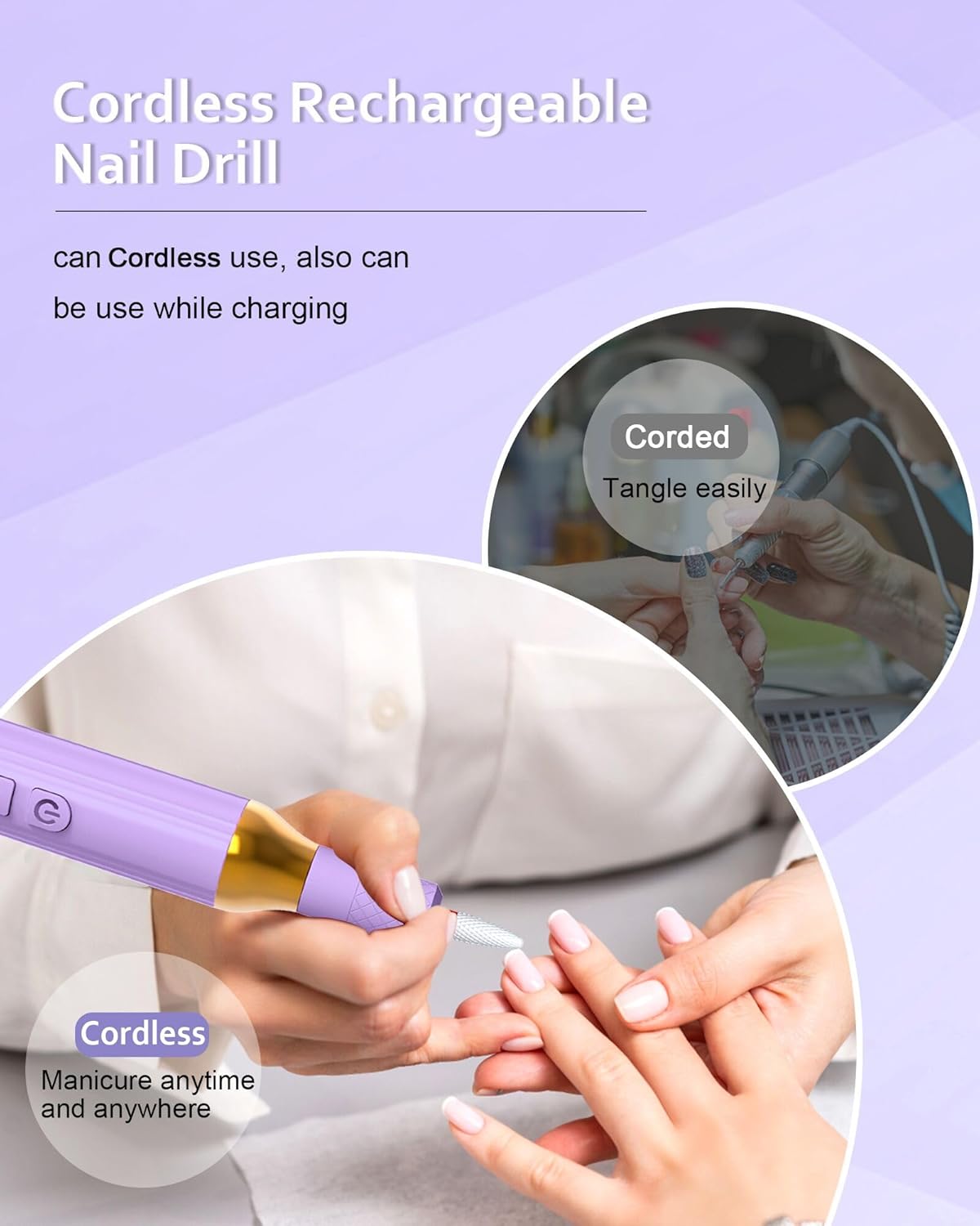 Nail Drill,Cordless Electric Files for Gel Nails E-File Manicure Kit Women Rechargeable Cordless Drill para Uñas Profesional Machine Grinder Acrylic Purple