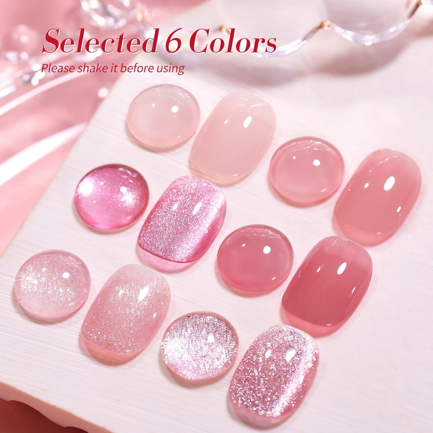 Born Pretty Gel Nail Polish Pink Nude Series,Jelly Transparent,Cat Magnetic Eye,Shimmer Glitter Holographic Pink Nude Gel Polish Kit for Salon Manicure and Nail Art DIY at Home 6Colors