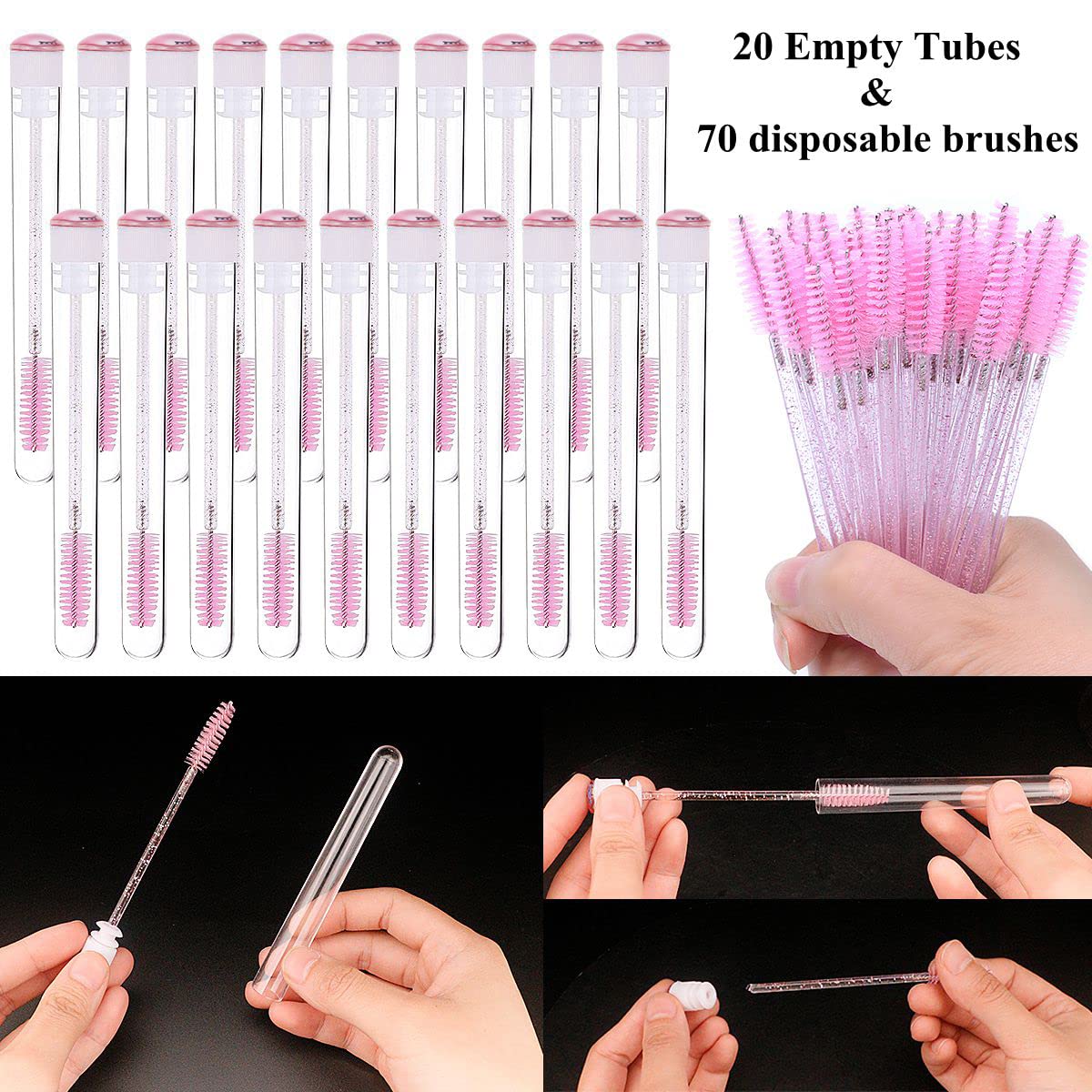 Mascara Wand Brushes Tubes Set-70 Pieces Disposable Eyelash Brushes Replacement with 20 Pieces Empty Container Tubes for Eyelash Extension Lash (Pink Eyelash)
