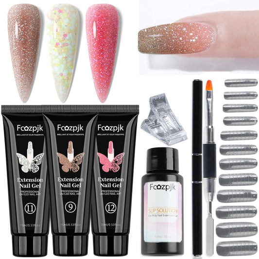 Poly Gel Nail Kit - Wine Red, Brown & Iridescent Builder Gel With Chunky Glitter - Slip Solution, Dual Nail Forms & Clips - Home Manicure Starter Kit