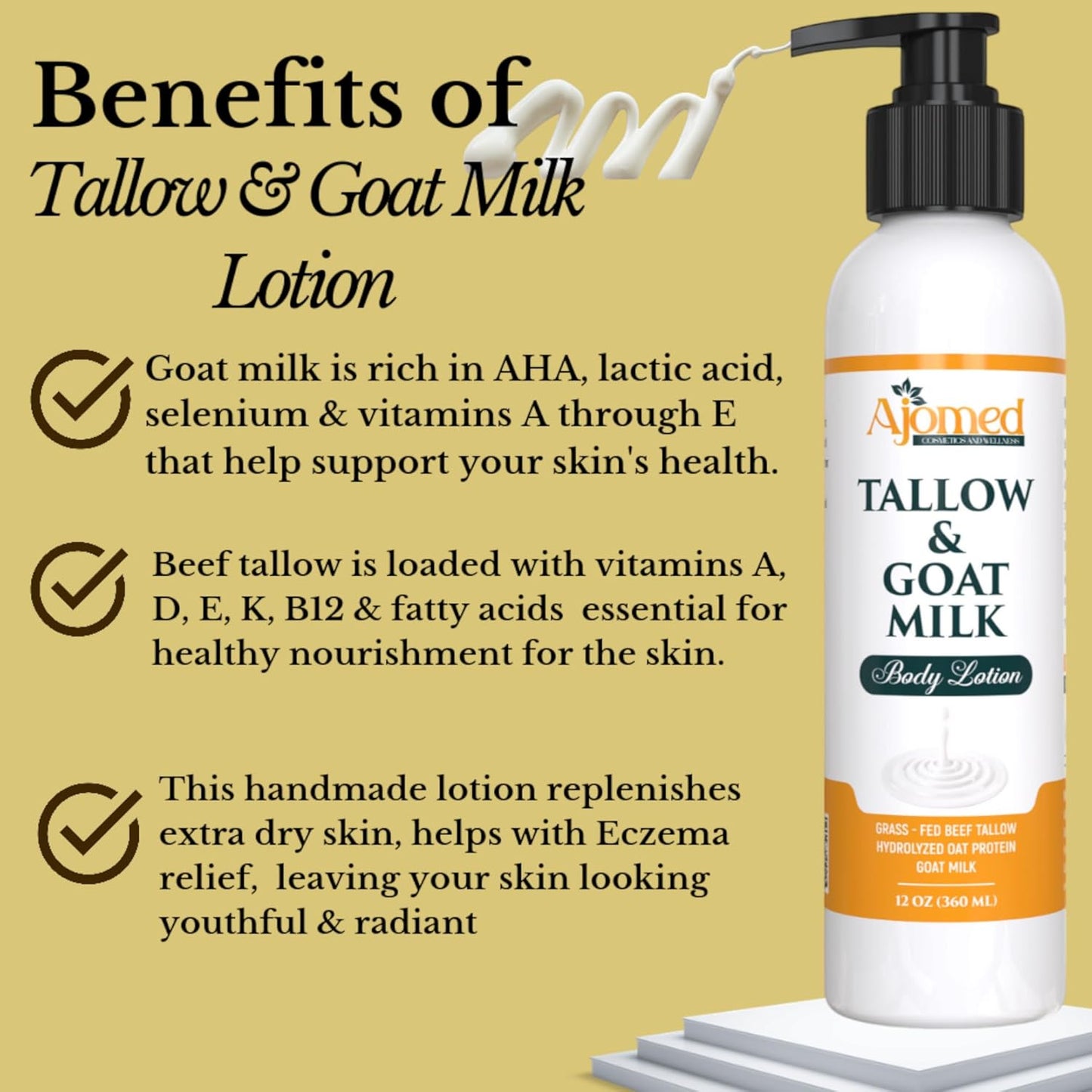 Grass Fed Beef Tallow & Goat Milk Body Lotion for Sensitive Skin, Organic Tallow Lotion - Soothes Dry Patches, dry skin, Eczema-Goat Milk Moisturizer - Handmade Tallow Body Lotion (UNSCENTED, 12 Oz)
