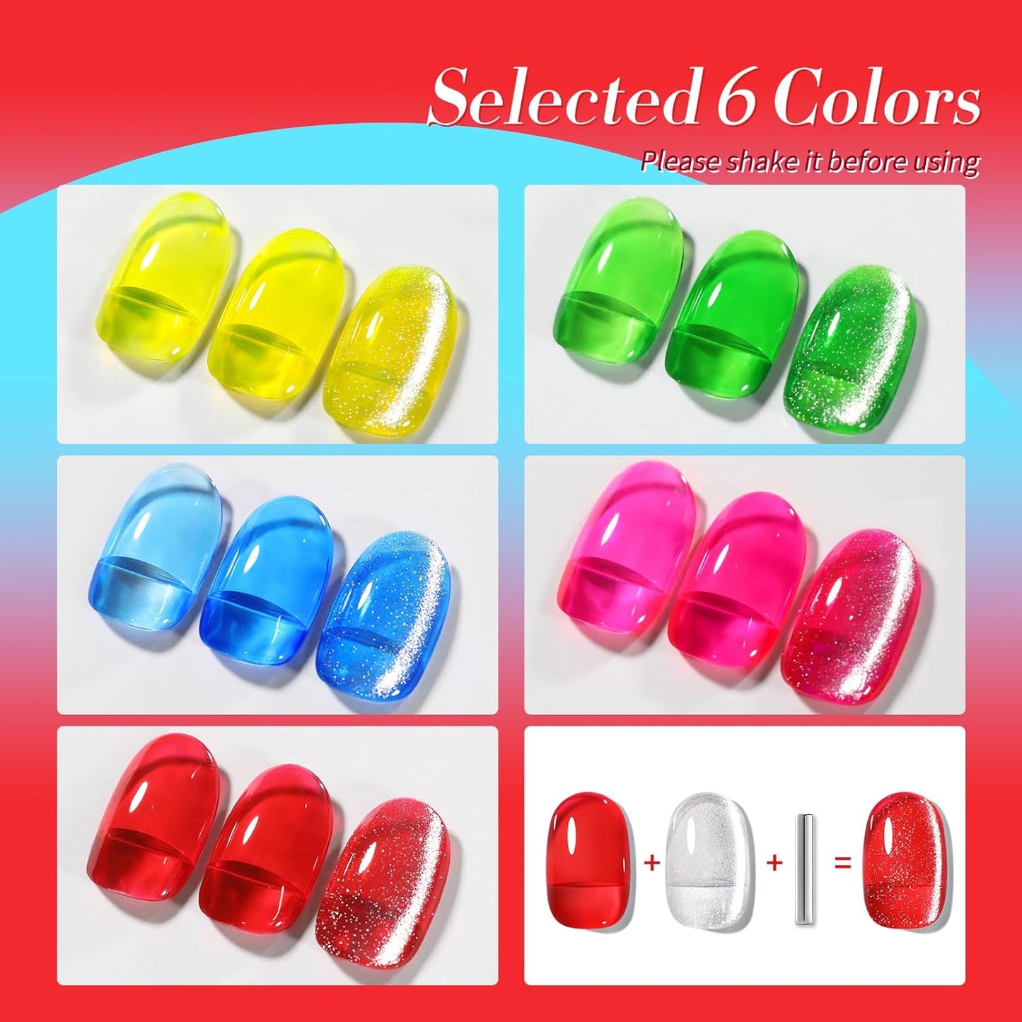 Born Pretty Neon Jelly Gel Nail Polish Glass Crystal Spring Summer Transparent Ice Jelly Gel Polish with Silver Holographic Glitter Cat Magnetic Eye Gel Polish Collection Minicure DIY Gifts 6PCS