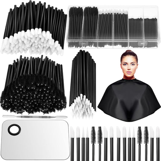 Maitys 260 Pieces Disposable Makeup Tools Kit, Eyeliner Brushes Mascara Wands Lipstick Applicators Plastic Organizer Box Short Waterproof Cape Stainless Steel Makeup Palette, Spatula(Black)