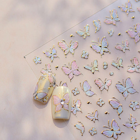 Colorful Butterfly Nail Art Stickers Glitter Sparkly Butterfly Nail Stickers 5D Embossed Nail Decals Accessories Gold Edge Metal Butterfly Nail Art Supplies for Women DIY Decorations