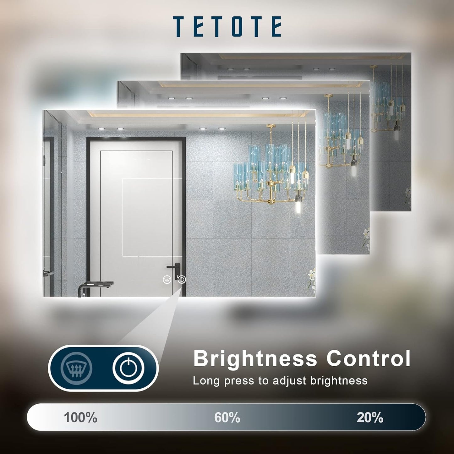 TETOTE 48 x 36 Inch LED Backlit Bathroom Mirror with Lights, LED Vanity Mirror, Frameless, Anti-Fog, Dimmable, CRI90+, Touch Button,Water Proof, Horizontal/Vertical Wall Mounted