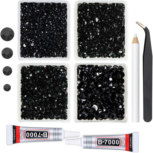 Pure Black Resin Rhinestones w B7000 Jewelry Glue for Bedazzling Crafting 3mm 4mm 5mm 6mm Flatback Jelly Stones Bulk Diamonds Gems Charms for Nails Face Eyes Makeup Body Tumblers Decor Crafts