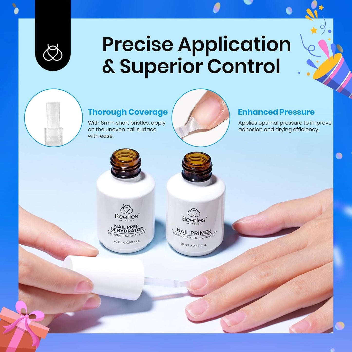 Beetles 20ml 2Pcs Nail Dehydrator and Primer, Large Capacity Acid Free Acrylic Nail Prep Dehydrate and Primer for UV Gels Superior Bonding Professional Salons Set