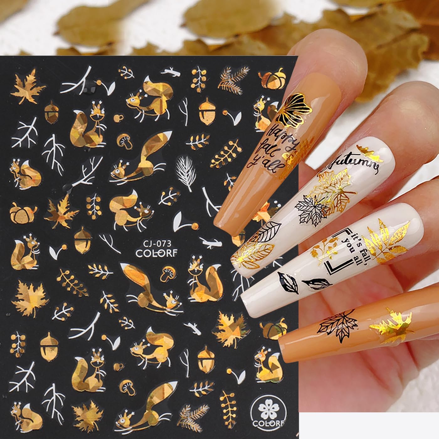 Laser Golden Fall Maple Leaves Nail Art Stickers, Maple Leaves Nail Decals 3D Self-Adhesive with Fan Blade Butterfly Squirrel Flower Design 6Pcs Nail Art Supplies for Women Nail Decoration