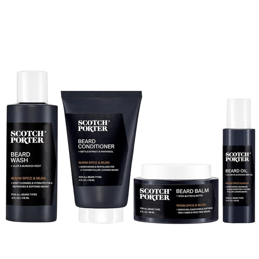 Scotch Porter Beard Kit – Cleanse, Moisturize, Soothe & Style Coarse, Dry Facial Hair for a Fuller/Healthier-Looking Beard – Includes Wash, Conditioner, Oil & Balm