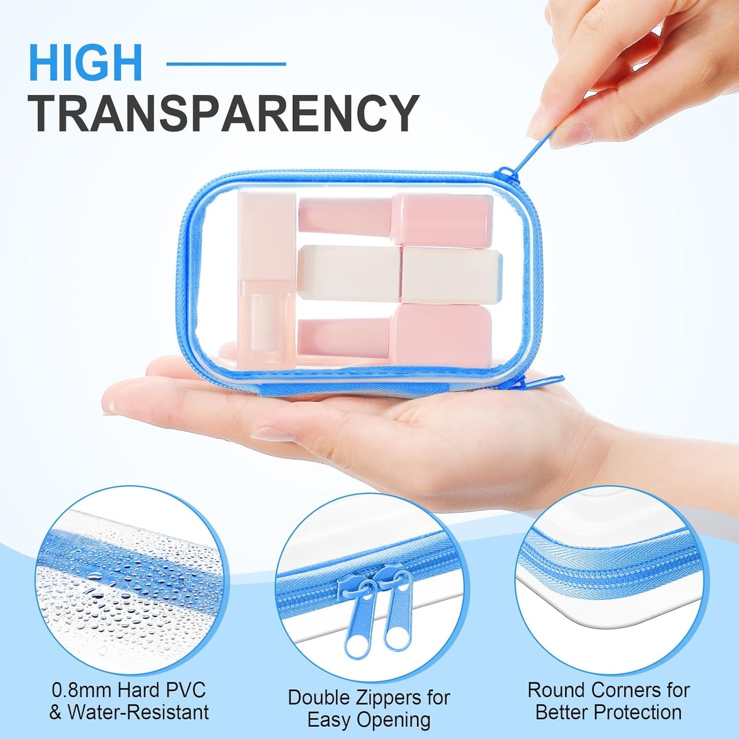 Hoolerry 3 Pcs Clear Hard Zipper Case Plastic Pouch Transparent Hard Case Clear Makeup Bag Portable Travel Organizer Bin for Cosmetics, Building Blocks, Puzzles(Blue,Xs)