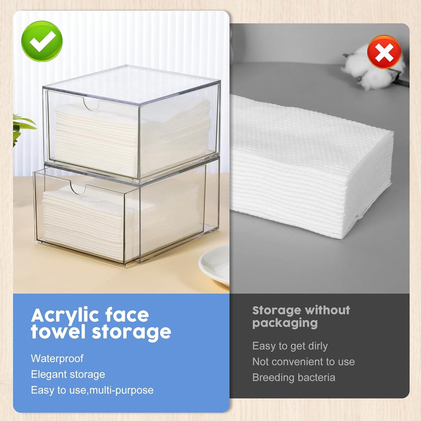 Rainmae 2 Pack Disposable Face Towel Holder, Face Towel Storage Box, Stackable Clear Makeup Organizer with Drawer for Clean Skin Club Face XL Towels Holder for Vanity Bathroom and Makeup Organization