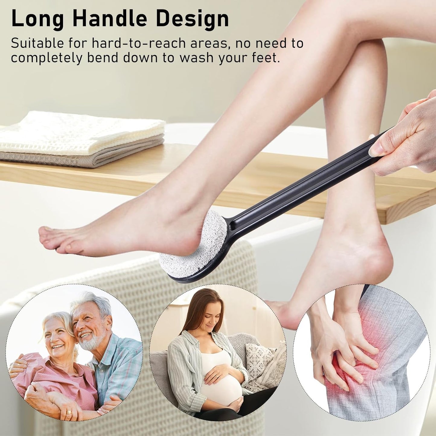 Pumice Stone for Feet with Long Handle 14", Hard Skin Callus Remover, Scrubber and Exfoliator for Dead Dry Skin, Softer & Smoother Feet, Pedicure Tool (Straight) Black