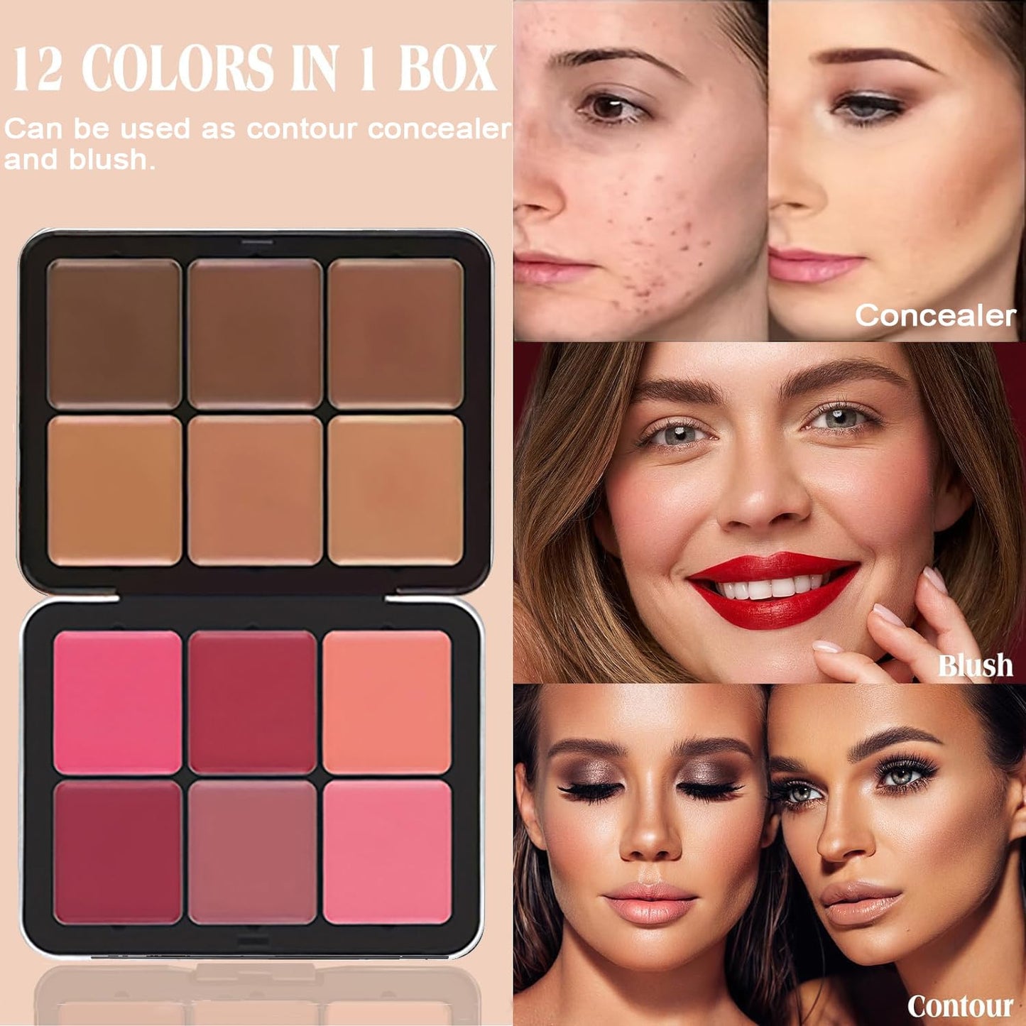 6 Colors Cream Blush Palette + 6 Colors Concealer Cream Contour Palette, Carla Secret Makeup Palette, Foundation Palette with 11 Pcs Makeup Brush Set, Long Wearing Blendable Full Coverage