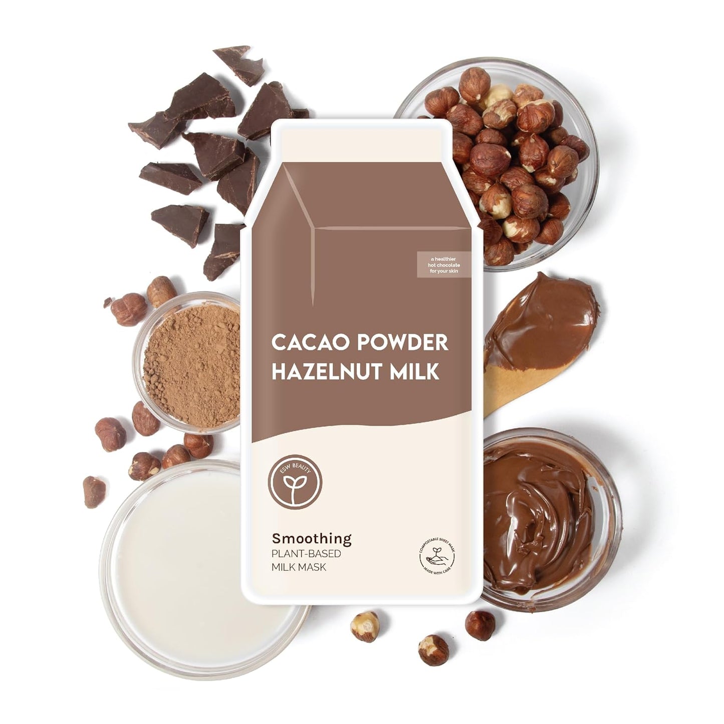 ESW Beauty Cacao Powder – Smoothing Plant-Based Milk Face Mask (6-Pack) – Cacao & Hazelnut for Aging & Sensitive Skin – Plumps, Softens & Promotes Youthful Complexion