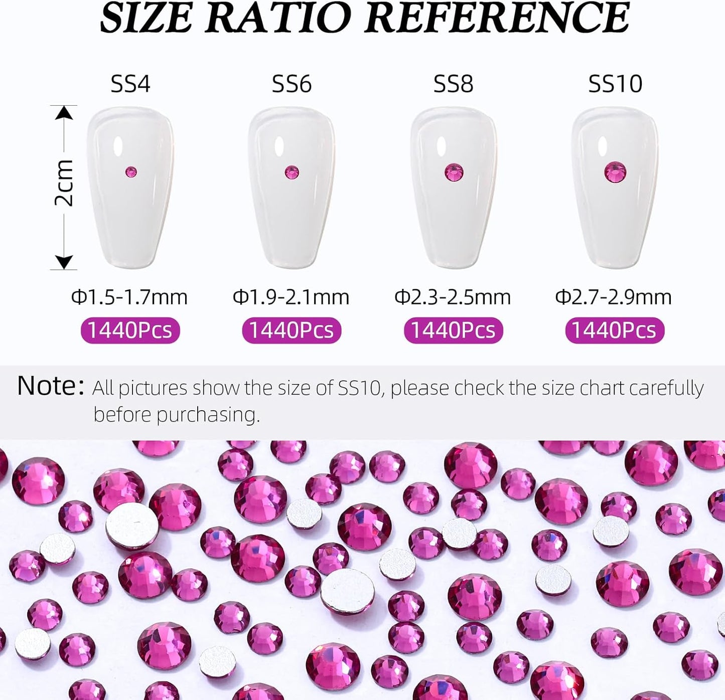 Fuchsia Flatback Rhinestones, Glass Rhinestones for Nail Art and Craft, Glue Fix, Loose Crystal Gemstones(Fuchsia, SS10, 1440pcs, 2.7-2.8mm)