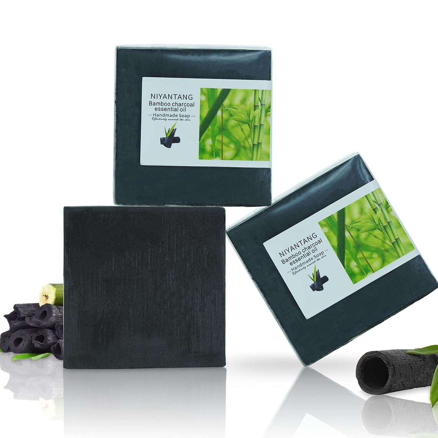 3 Pack Natural Activated Charcoal Soap Bar Black Soap for Face & Body Cleanse, Handmade Bamboo Charcoal Soap with Coconut Oil, Gentle Cleanser Soap for Men Women All Skin Types
