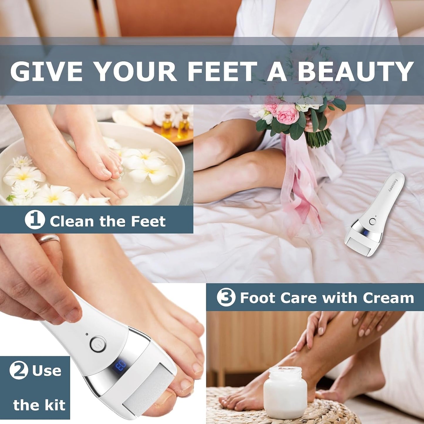 Upgraded Electric Foot Callues Remover, Portable Electric Foot Files with 3 Heads, Rechargeable Feet File for Foot Care, Waterproof Deadskin Remover, Pedicure Tool for Dry and Crack Feet