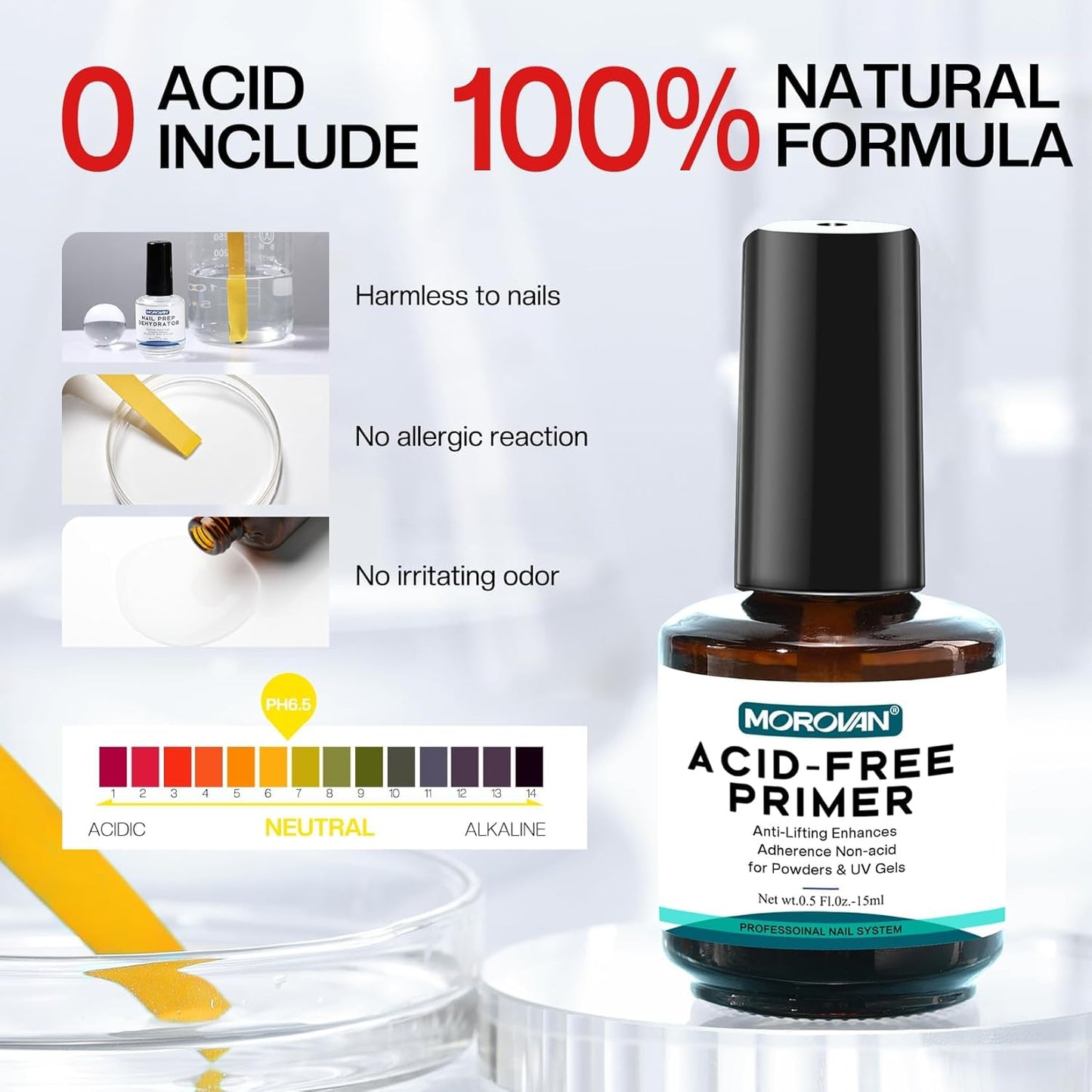 Morovan Nail Prep Dehydrator and Primer, Natural 4 PCS Dehydrator & Acid-Free Bond Primer for Acrylic Powder U V Extension Gel Nail Supplies Set