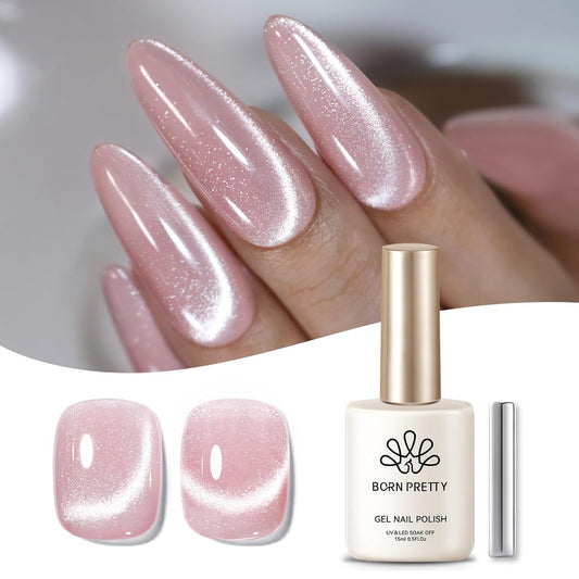 Born Pretty Pink Cat Magnetic Eye Gel Nail Polish, Translucent Milky Pink Cat Magnetic Gel, Jelly Glitter Off Nail Art Salon Manicure Home Gift 15ml