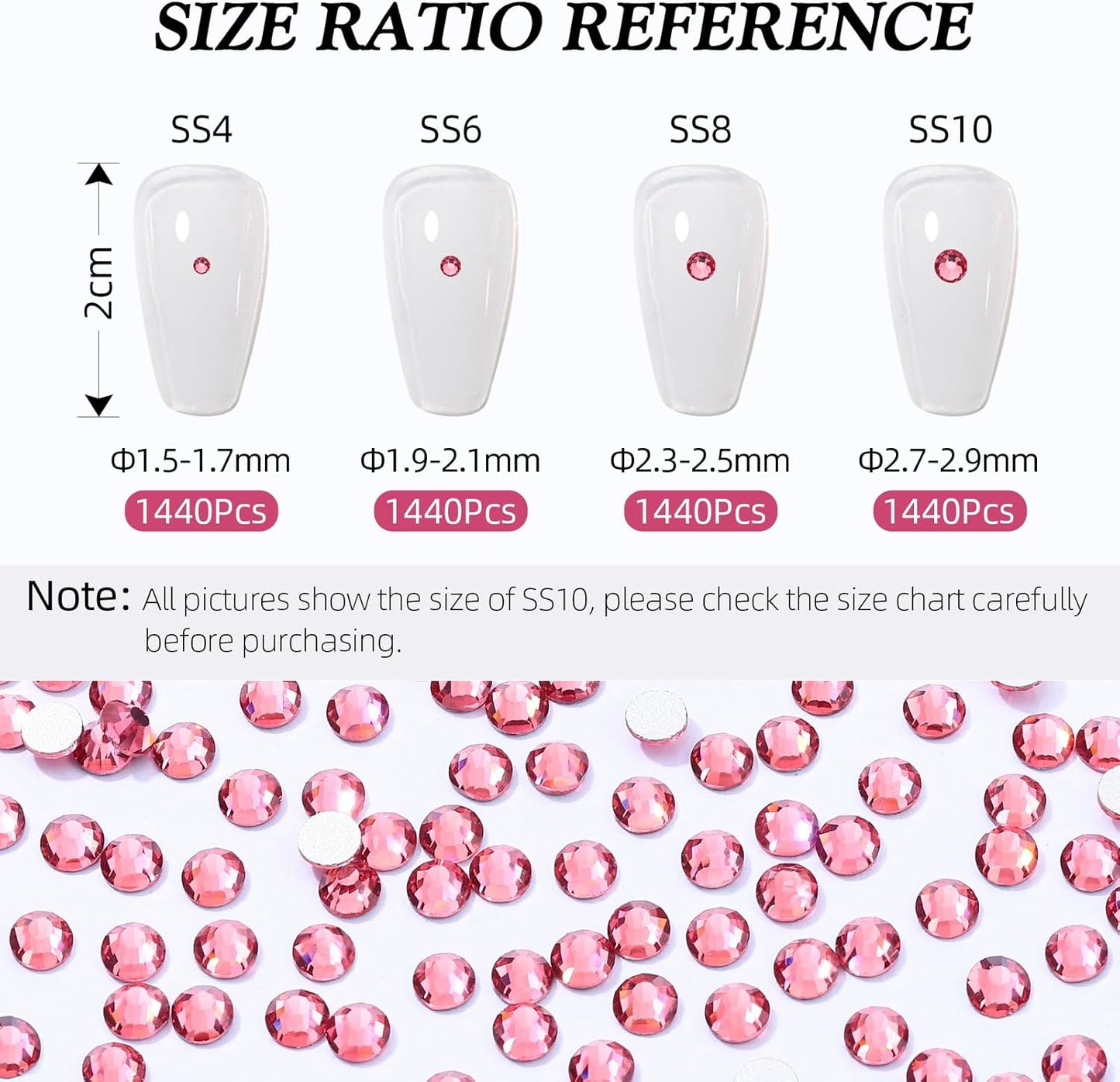 Rose Flatback Rhinestones, Glass Rhinestones for Nail Art and Craft, Glue Fix, Loose Crystal Gemstones(Rose, SS10, 1440pcs, 2.7-2.8mm)