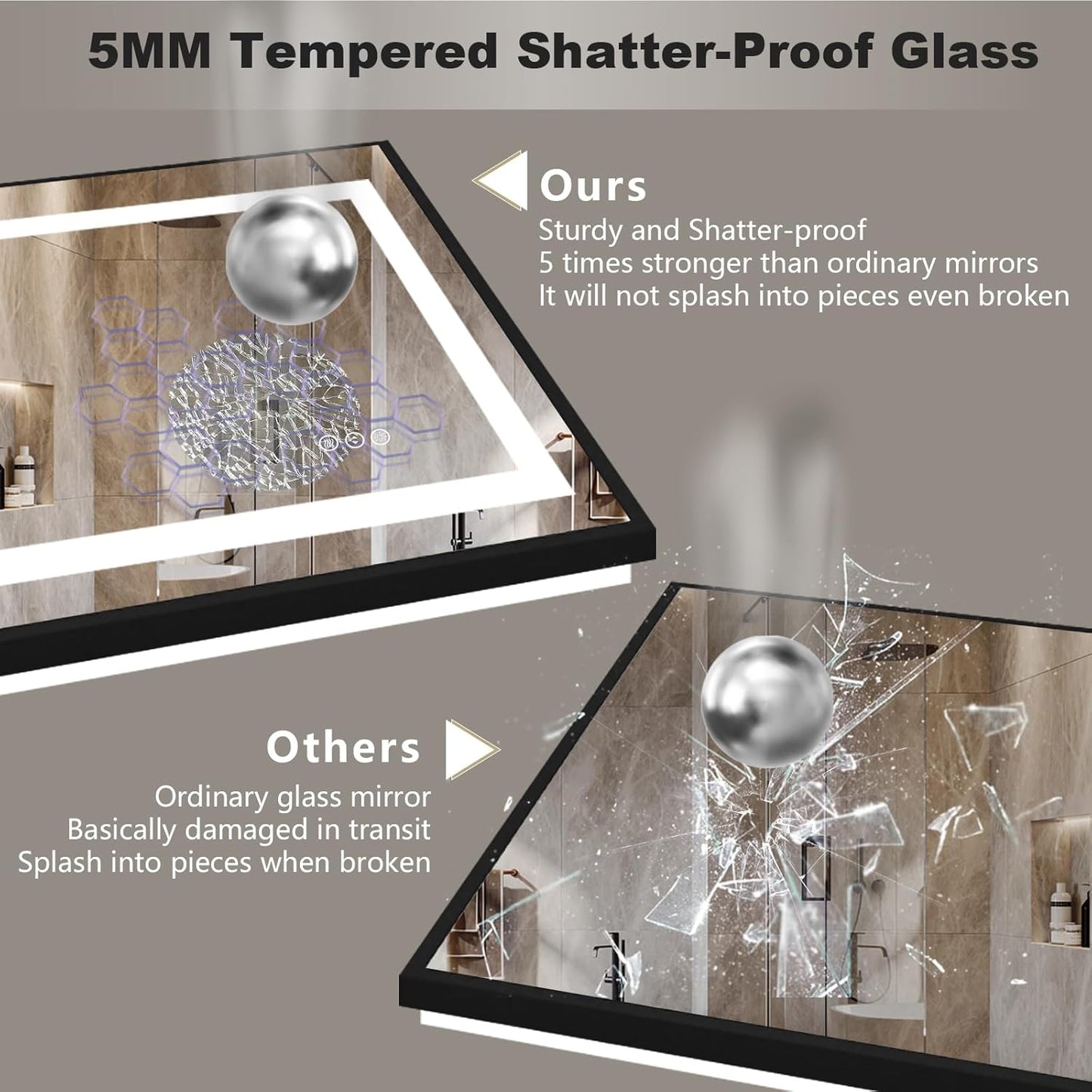 OKPAL Black LED Bathroom Mirror for Wall, 55x36 Frame Lighted Bathroom Mirror, Front and Backlit Lighted Vanity Mirror, Dimmable, Anti-Fog, Shatterproof, ETL Listed, Horizontal/Vertical