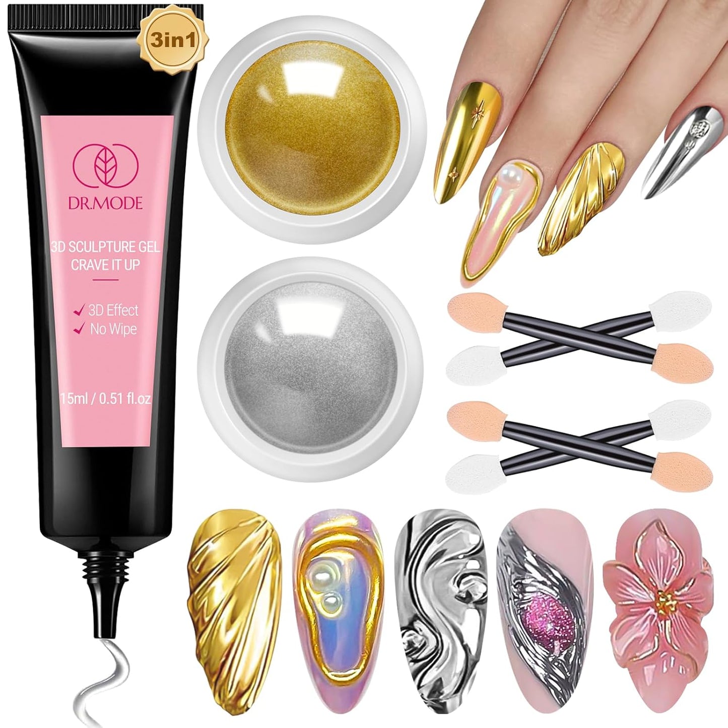 3D Nail Gel and Chrome Nail Powder Kit, 3 in 1 No Wipe Clear 3D Sculpting Gel for Nail Art Carving Molding Rhinestone Glue 15g, Gold Silver Metallic Mirror Nail Chrome Powder Glitter for Manicure