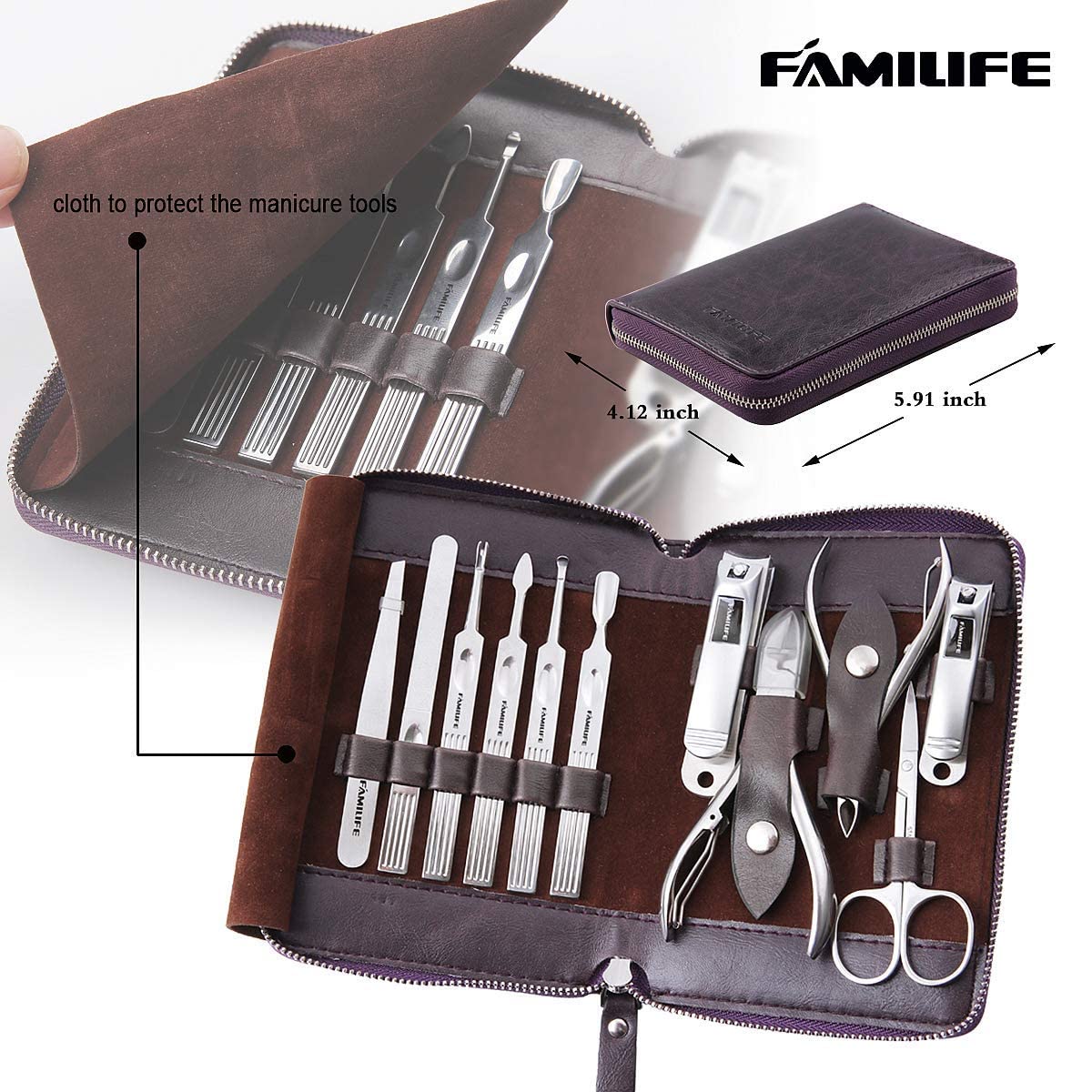 FAMILIFE Manicure Set, Nail Clippers Set Professional Manicure Kit 11 in 1 Stainless Steel Pedicure Tools Nail Kit Mens Grooming Tool with Portable Leather Travel Case Dark Violet Birthday Gifts