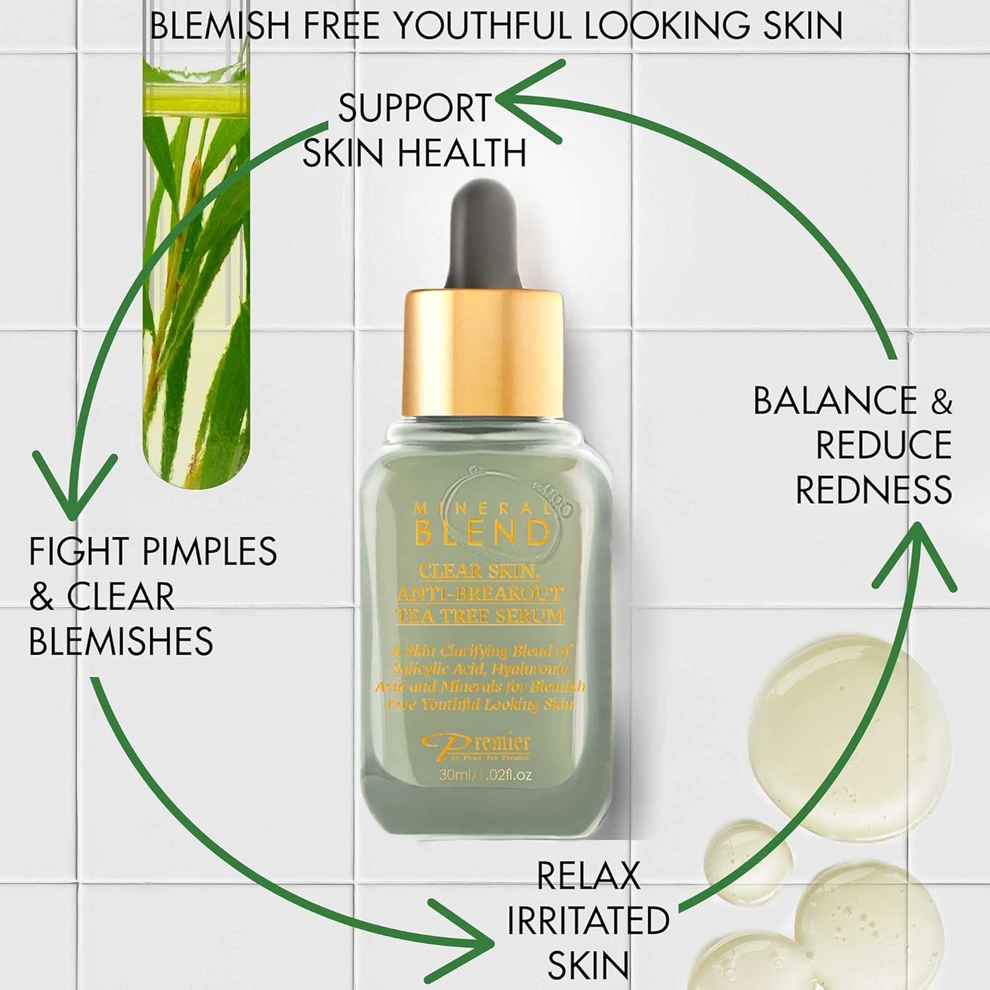 Clear skin, Anti-breakout Tea Tree serum for face and acne with Vitamin C,Salicylic Acid, Hyaluronic Acid and Minerals for blemish free youthful looking skin 1.02 Fl.Oz