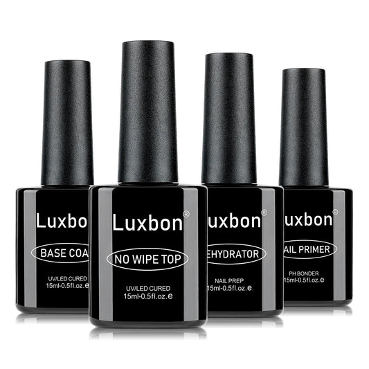 Luxbon 4 Pcs 15ml No Wipe Gel Top Coat and Base Coat Nail Primer Dehydrator Set - Long Lasting, Shine Finish, UV LED Nail Lamp Soak Off Gel Base Top Coat Manicure