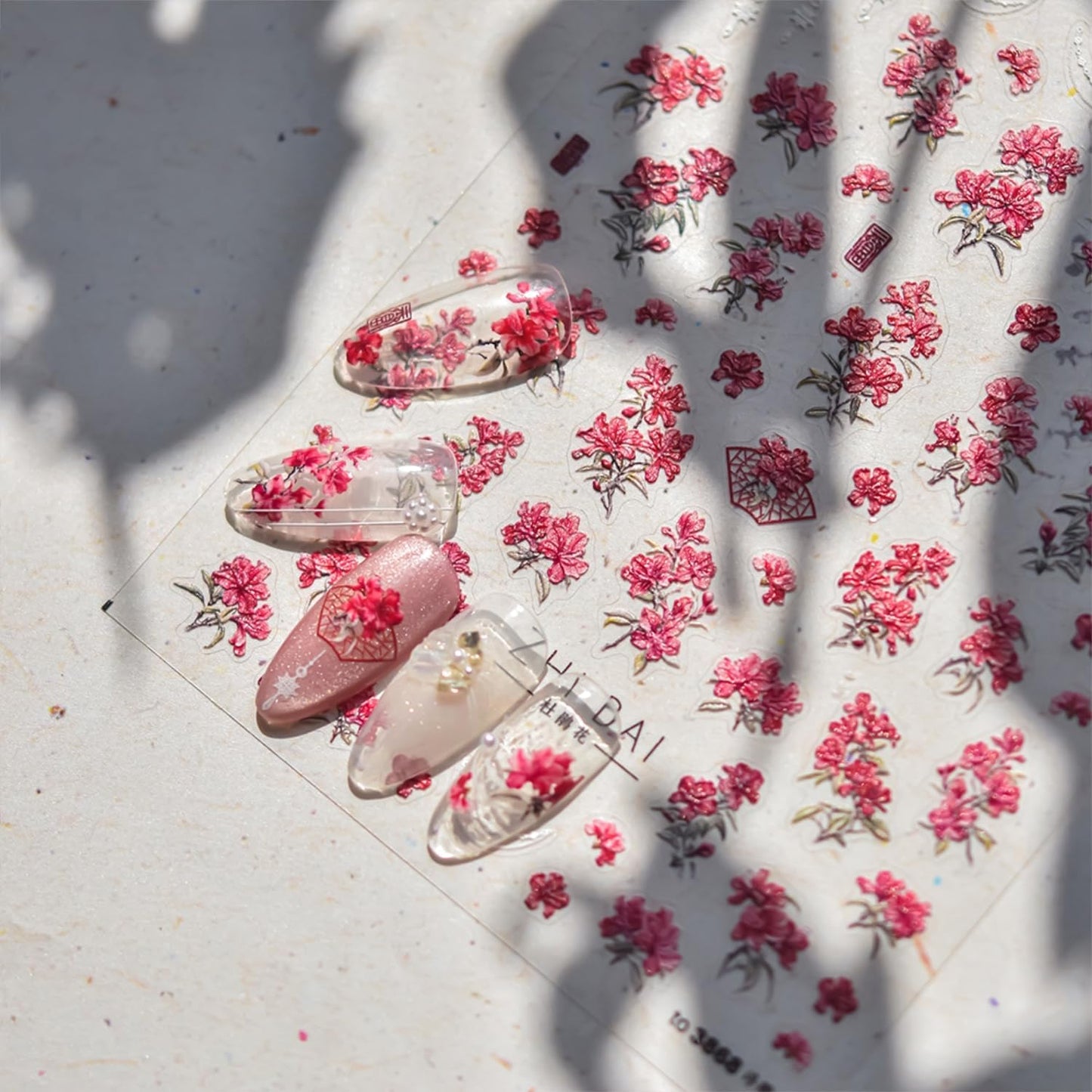 Spring Summer Nail Art Stickers 5D Self Adhesive Nail Decals Red Flower Nail Stickers for Nail Art Embossed Nails Design Floral Nails Supplies for DIY Manicure Decoration for Women Girls