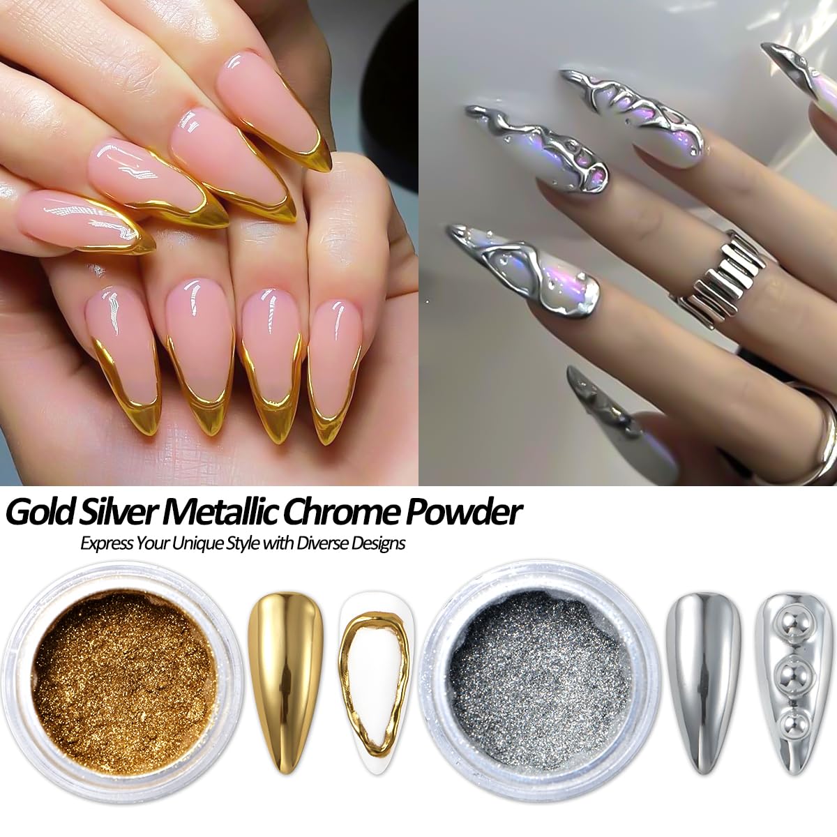 Chrome Nail Powder and 3D Nail Gel Kit, Metallic Mirror Glitter Effect Chrome Powder For Nail Art, Holographic Aurora Iridescent Dip Dust Pigment and 10g Sculpting Gel Set for Nail Decor DIY