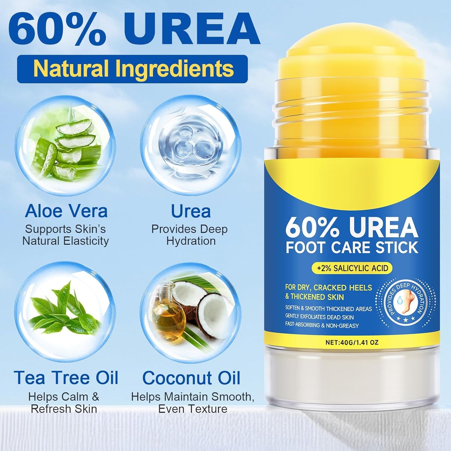 Urea Cream Stick 60% plus Salicylic Acid 2%, Maximum Strength Urea Foot Cream for Dry Cracked Feet, Knees, Elbows, Hands, Exfoliating Dead Skin, Softening Skin Moisturizer (1PC, 40G)