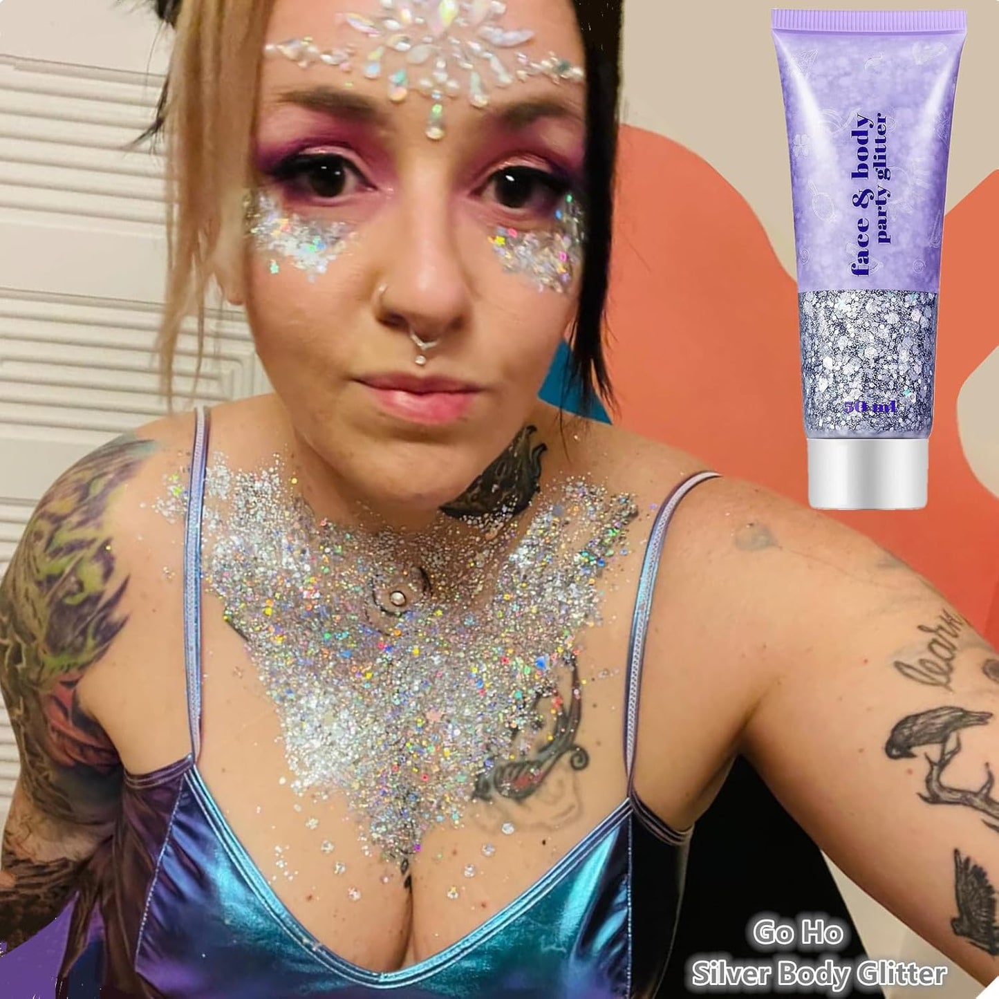 Go Ho White Silver and Gold Face Body Glitter Gel,Holographic Long Lasting Chunky Sequins Glitter Makeup for Singer Concerts,Parties,Performances,Stages,Festival Rave Accessories