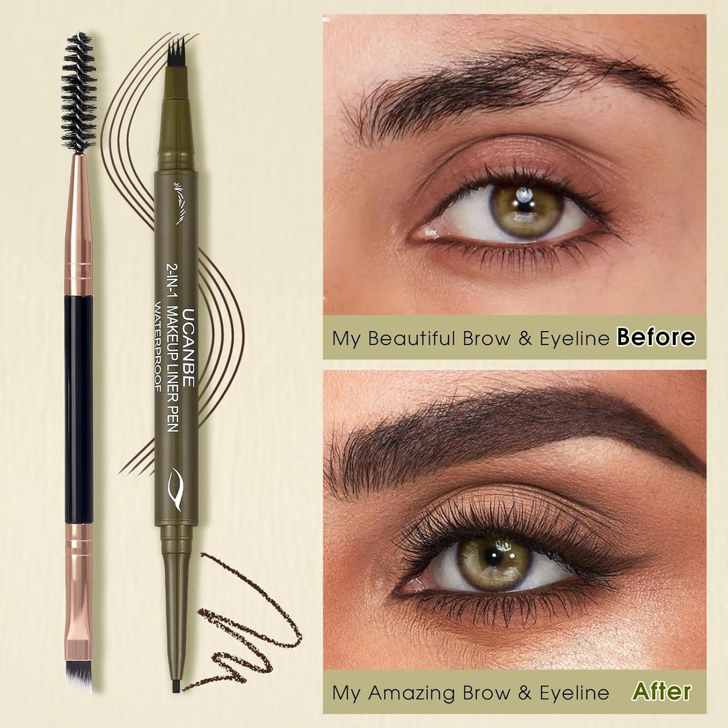 UCANBE Eyebrow Pencils for Women with Spoolie Brush, Dual-Ended Eyebrow Pen with 4-Fork-Tip & Gel Eyeliner, Microblading Brow Pen with Eyeliner Pencil + Brow Brush for Hair Like Brows, Classic Brown