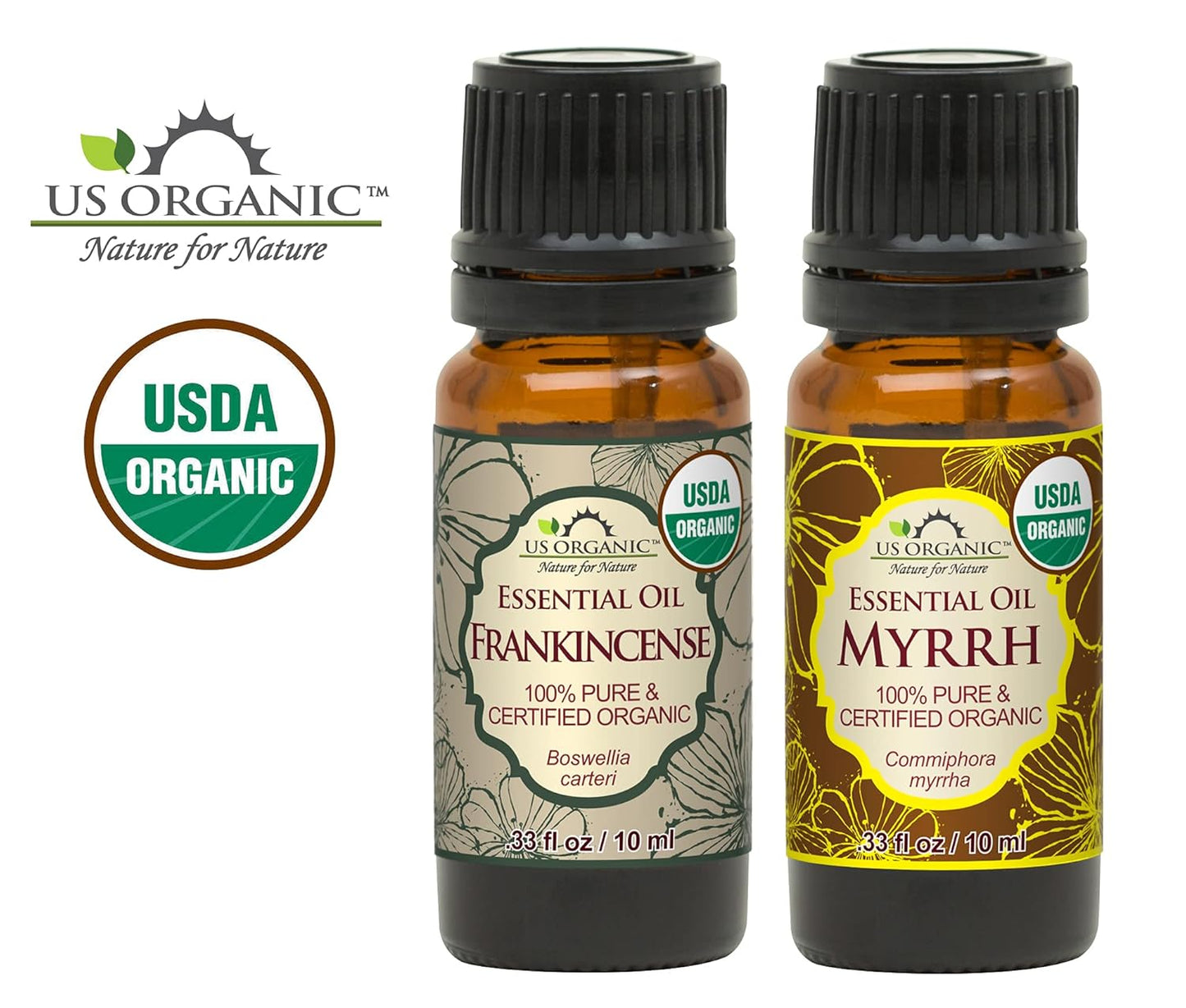 US Organic 100% Pure Myrrh, Frankincense Essential Oil Combo Pack - Directly sourced from The Horn of Africa - USDA Certified Organic - Use Topically or in Diffuser (10 ml Combo)