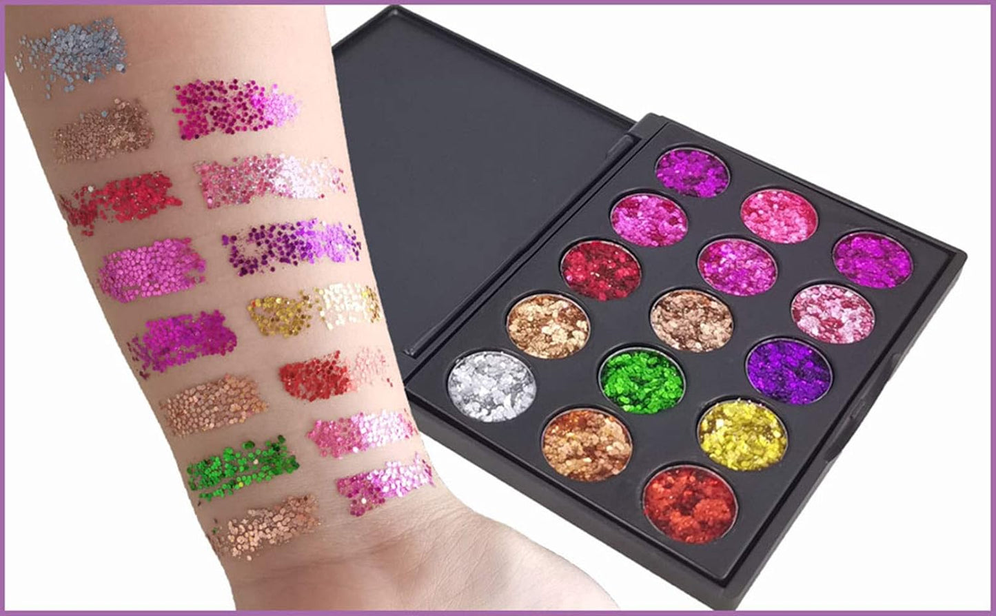 evpct 15 Color Shimmer Glitter Sparkle Glittery Eyeshadow Makeup Palette Pallet Glitter for Girl Pink Silver Red Rose Green Sparkling Sparkly Glitter Gel Pigment Eyeshadow Face Paint Makeup Palette