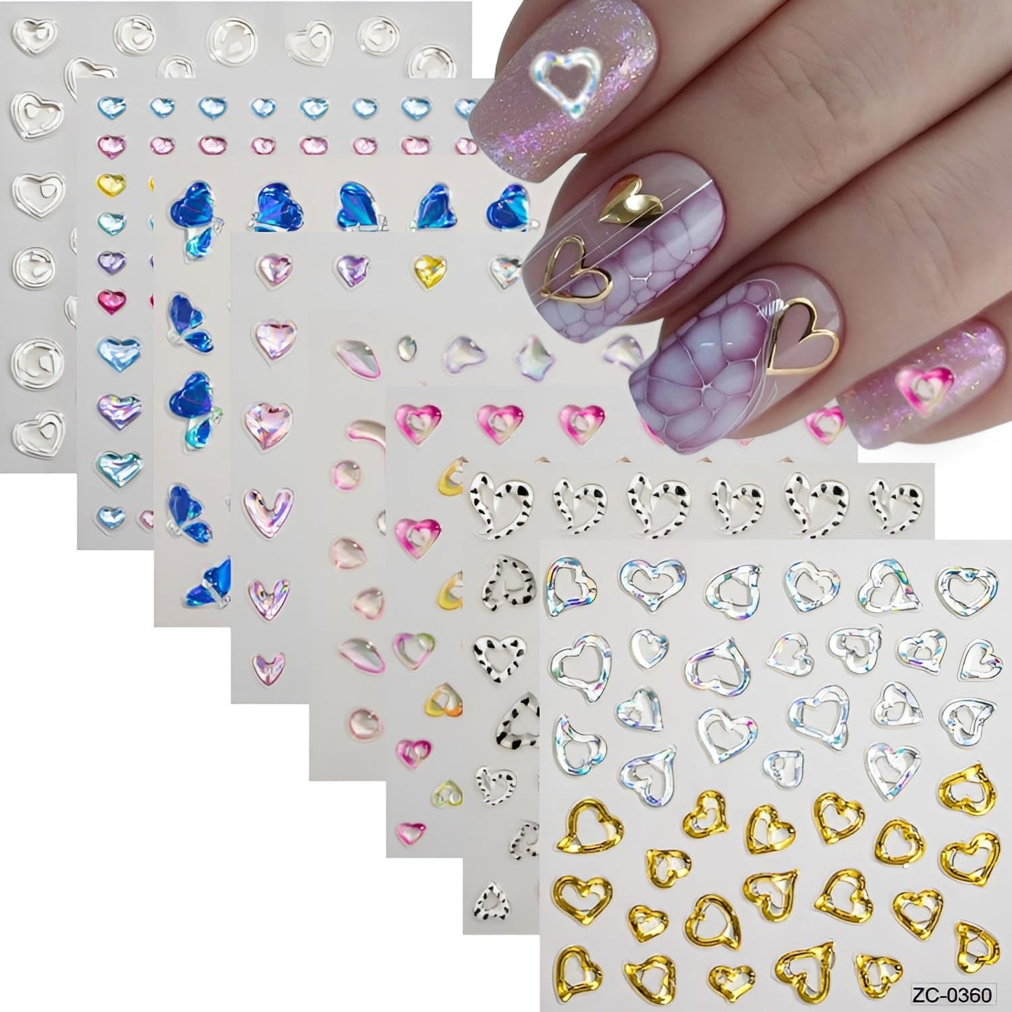 8Sheets 5D Embossed Valentine's Day Heart Nail Art Stickers - Blue Pink Aurora Gold Decals for Women Girls - Cute Nail Supplies