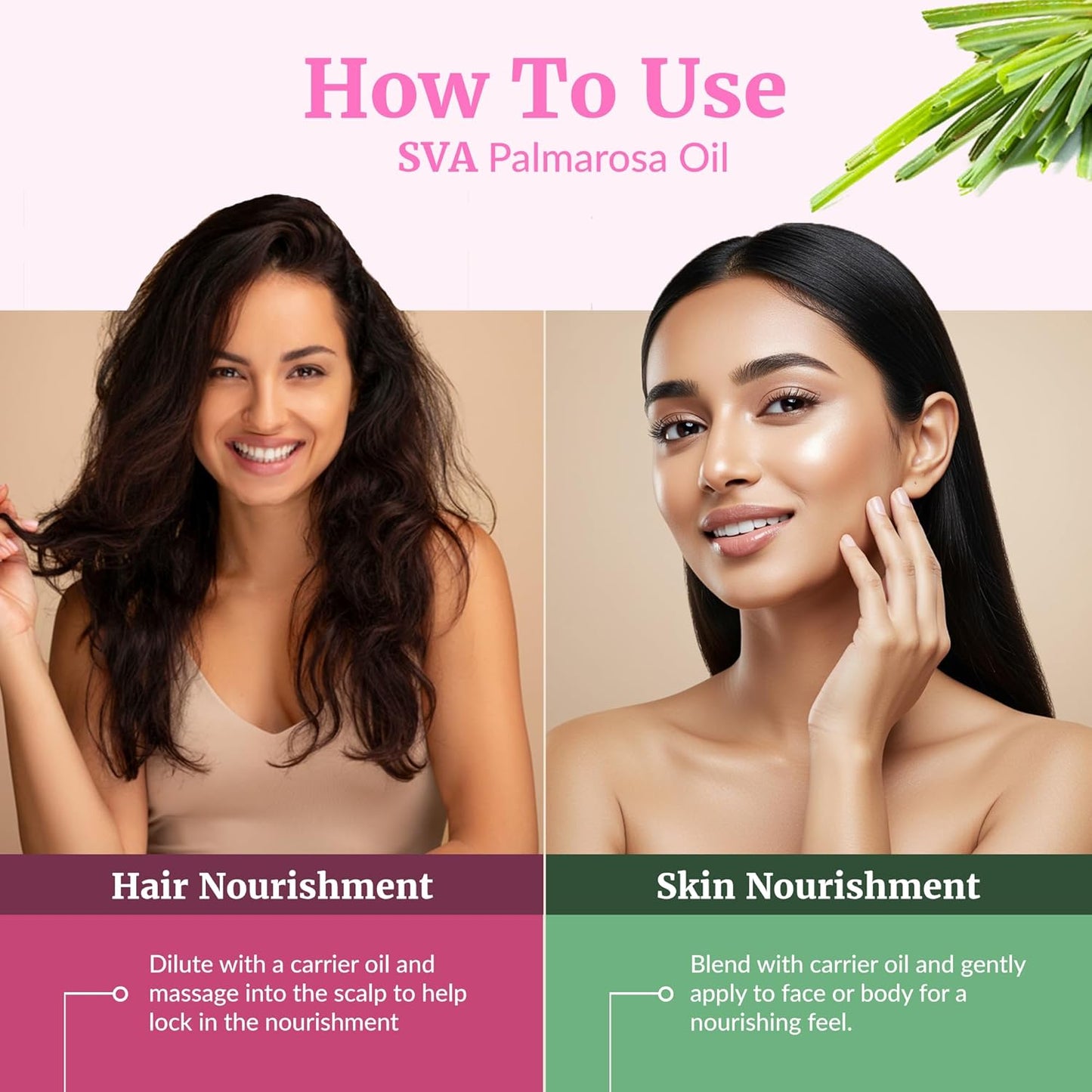 SVA Palmarosa Essential Oil – 4 Fl Oz – 100% Natural Palmarosa Oil - for Diffuser, Hair Care, Face, Skin Care, Aromatherapy, Scalp and Body Massage, Soap and Candle Making – with Dropper