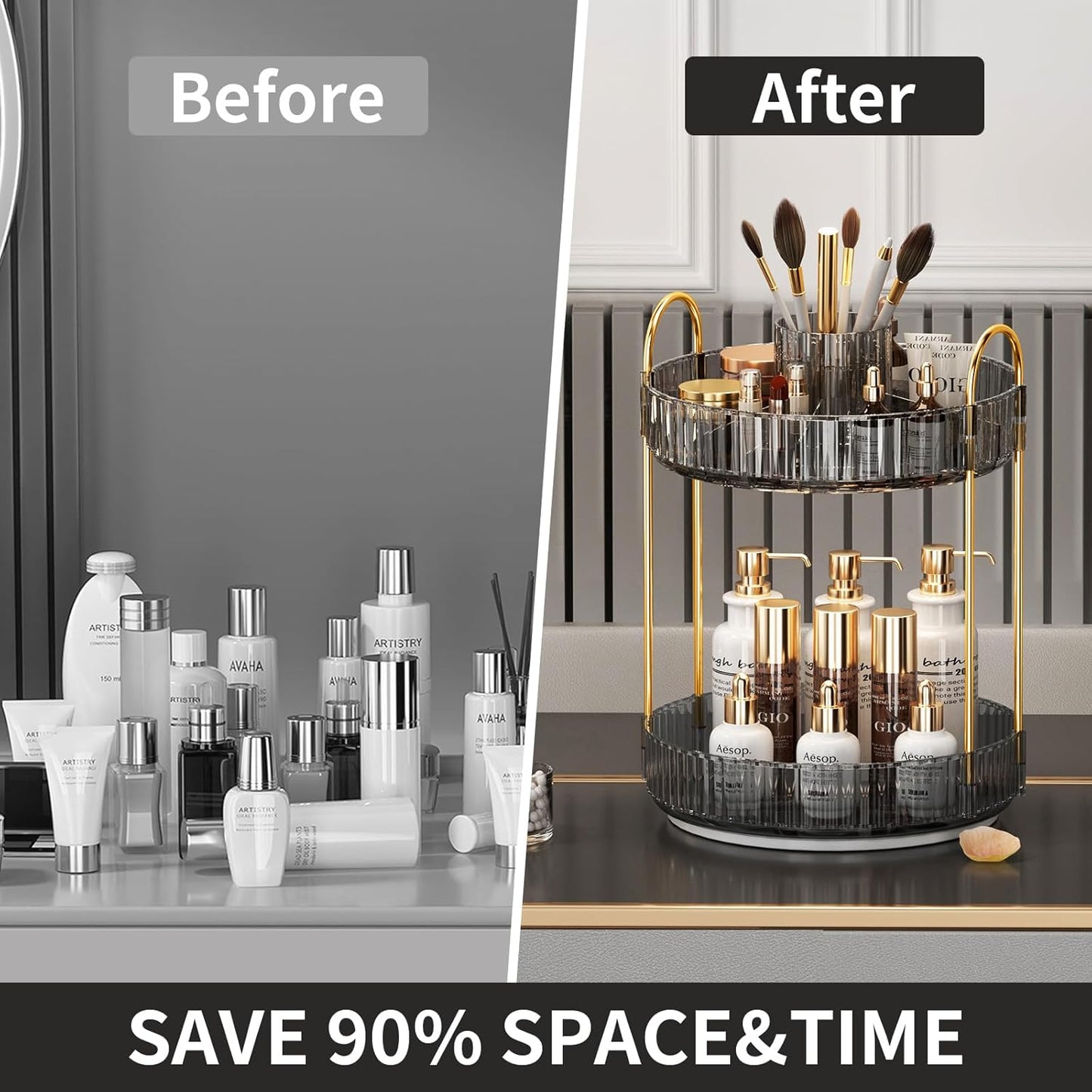 360° Rotating Makeup Organizer, Large-Capacity Skincare Make Up Storage 2 Tier Perfume Organizers Cosmetic Dresser Organizer with Makeup Brush Holder, Fits Bedroom, Bathroom, Vanity Shelf Countertop