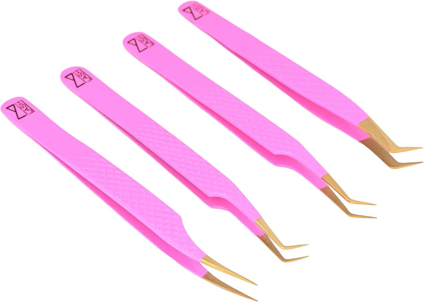 M LASH Eyelash Extension Tweezers (Set of 4) - Professional & Precision Lash Tweezers for Eyelash Extensions - Japanese Steel, Diamond Grip, Fiber Tip V3 (Pink)