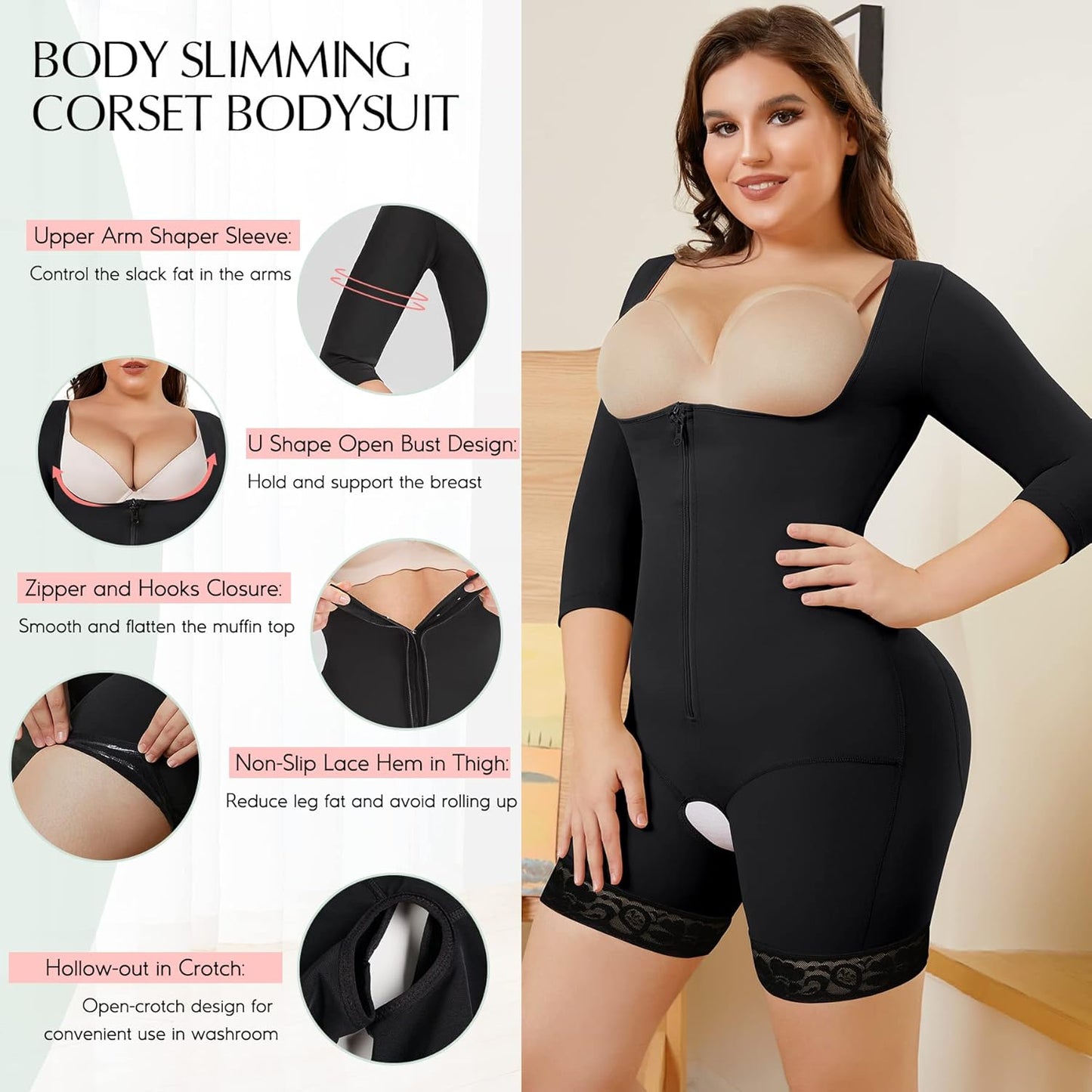 MERYOSZ Full Body Waist Trainer for Women Zipper Tummy Control Bodysuit Upper Arm Shaper Open Bust Slimmer Corset Shapewear