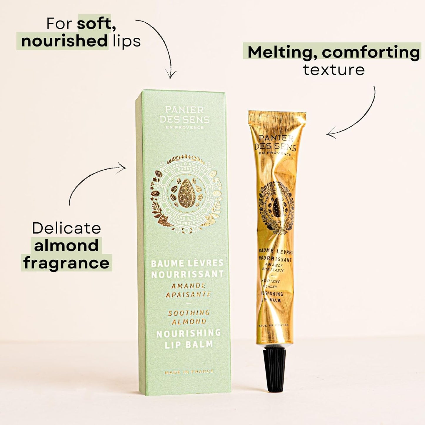 Panier des Sens - Almond Lip Balm for Women - Lip Moisturizer - Almond Extract & Almond Oil - Made in France Lip Care - 98% Natural Ingredients - Lip Balm Hydrating Nourishing for Dry Lips - 0.5 Fl oz