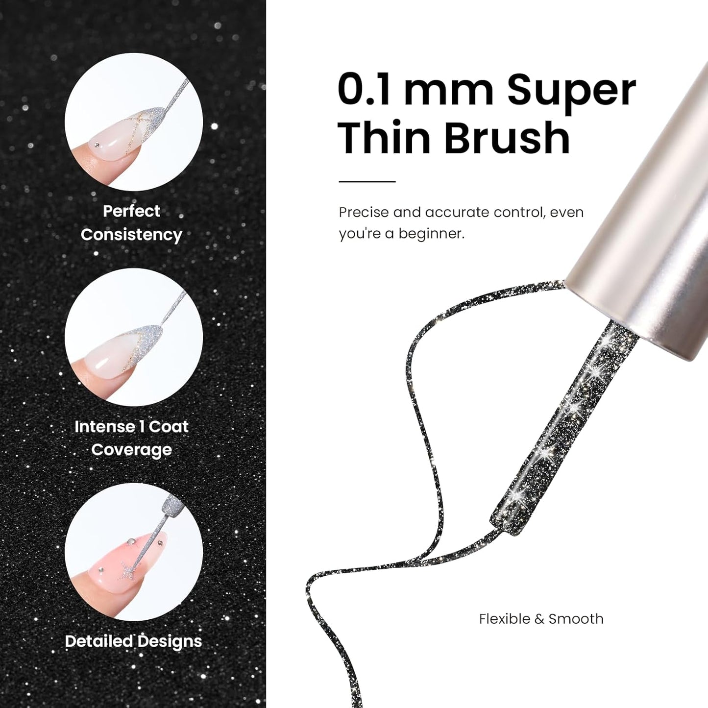 Beetles Reflective Glitter Gel Polish, 2 Pcs Liner Gel Nail Polish Set Black Silver Nail Art Gel Glitter Gel Nail Polish Diamond Shinning Liner Nail Art Design Gifts for Women New Trend