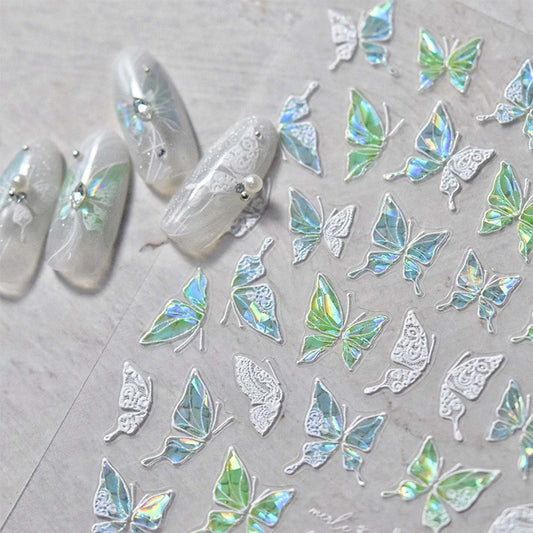 1Sheet Aurora Butterfly Nail Stickers 5D Embossed Butterfly Nails Art Decals Laser Butterflies Nails Designs Summer Nail Decals Cute Shiny Nail Sticker for Women Manicure Decoration