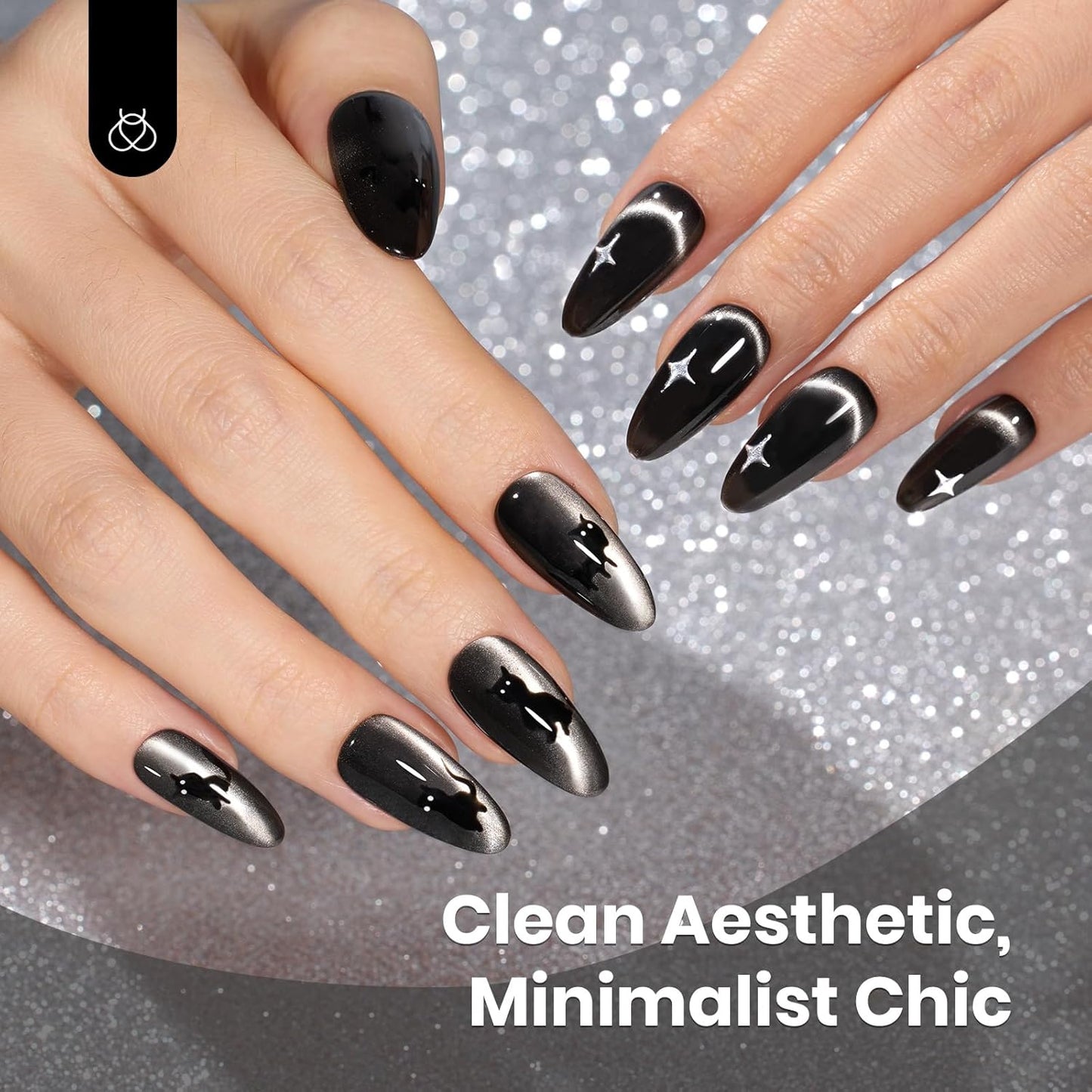 Beetles Black Cat Eye Gel Polish, 15ML Black Glass Cat Eye Glitter Gel Polish with Magnet Shimmer Translucent Sheer Color Soak Off UV Midnight Sands Series French Nail Art Dsign Gift for Women