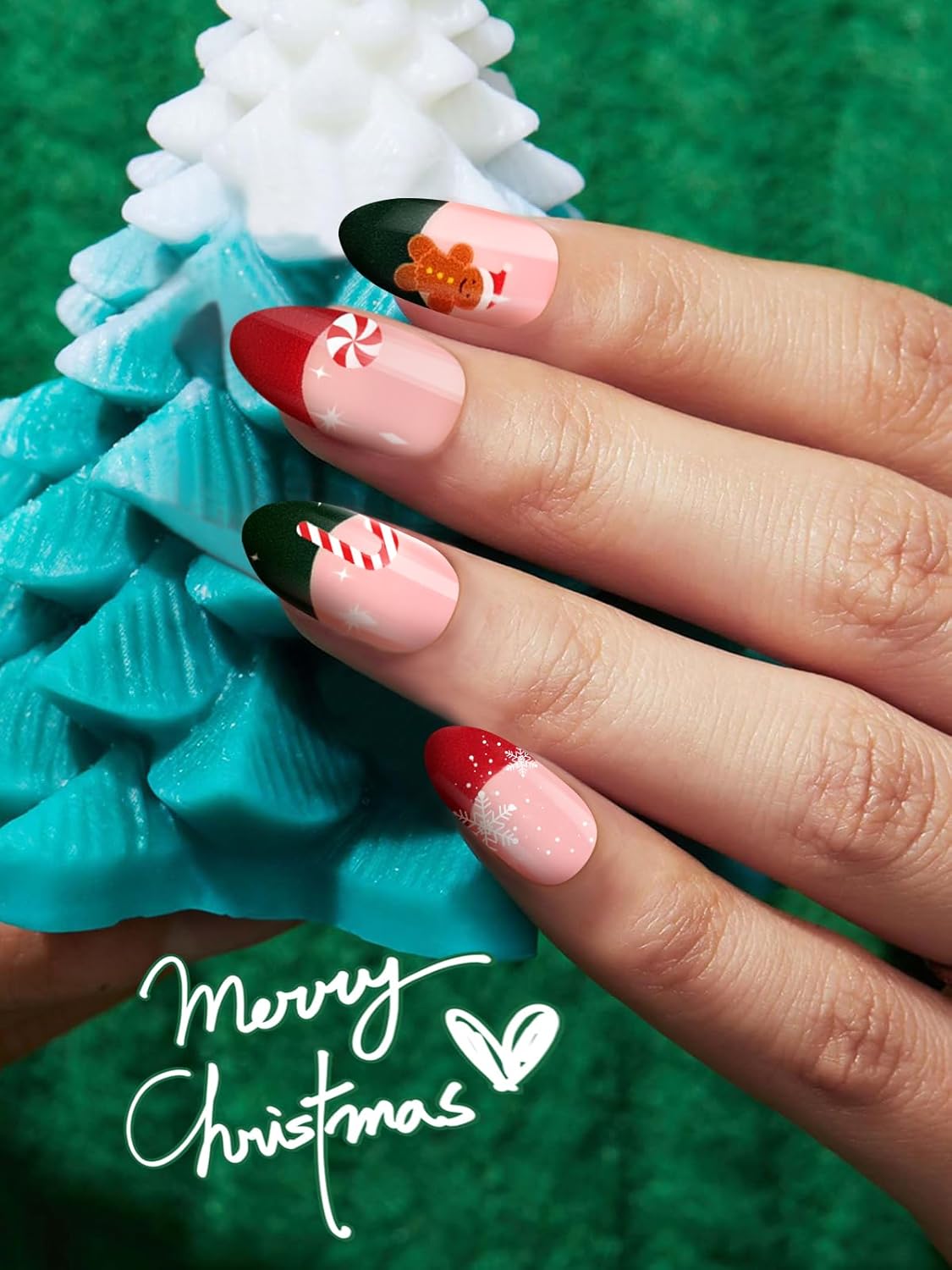 EBANKU 24PCS Semi-Cured Gel Nail Strips - French Snowflakes Candy Gingerbread Man Gel Nail Art Sticker Stickers with Nail File