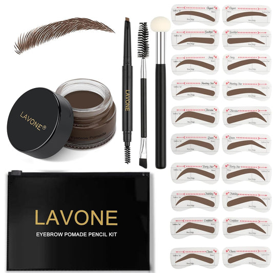 LAVONE Eyebrow Stamp Stencil Kit - Brow Stamp Trio Kit with Waterproof Eyebrow Pencil, Pomade, 20 Stencils, Dual-ended Brush and Sponge Applicator - Dark Brunette
