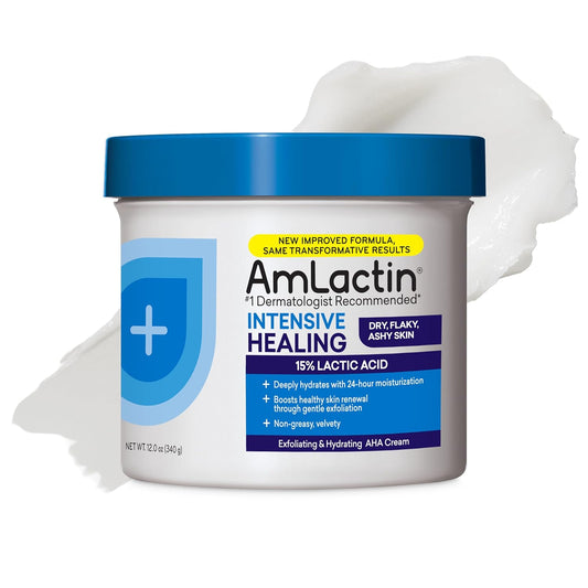 AmLactin Intensive Healing Body Cream, 12 oz Tub, 2-in-1 Exfoliator and Moisturizer for Dry Skin with 15% Lactic Acid and Ceramides for 24-Hour Moisturization